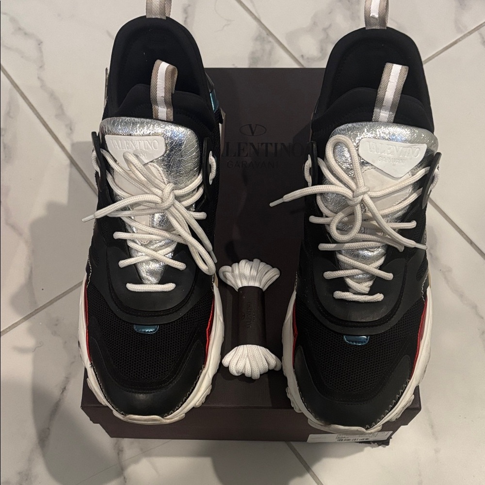 Valentino Garavani Black Sneakers with Red and Blue Accents